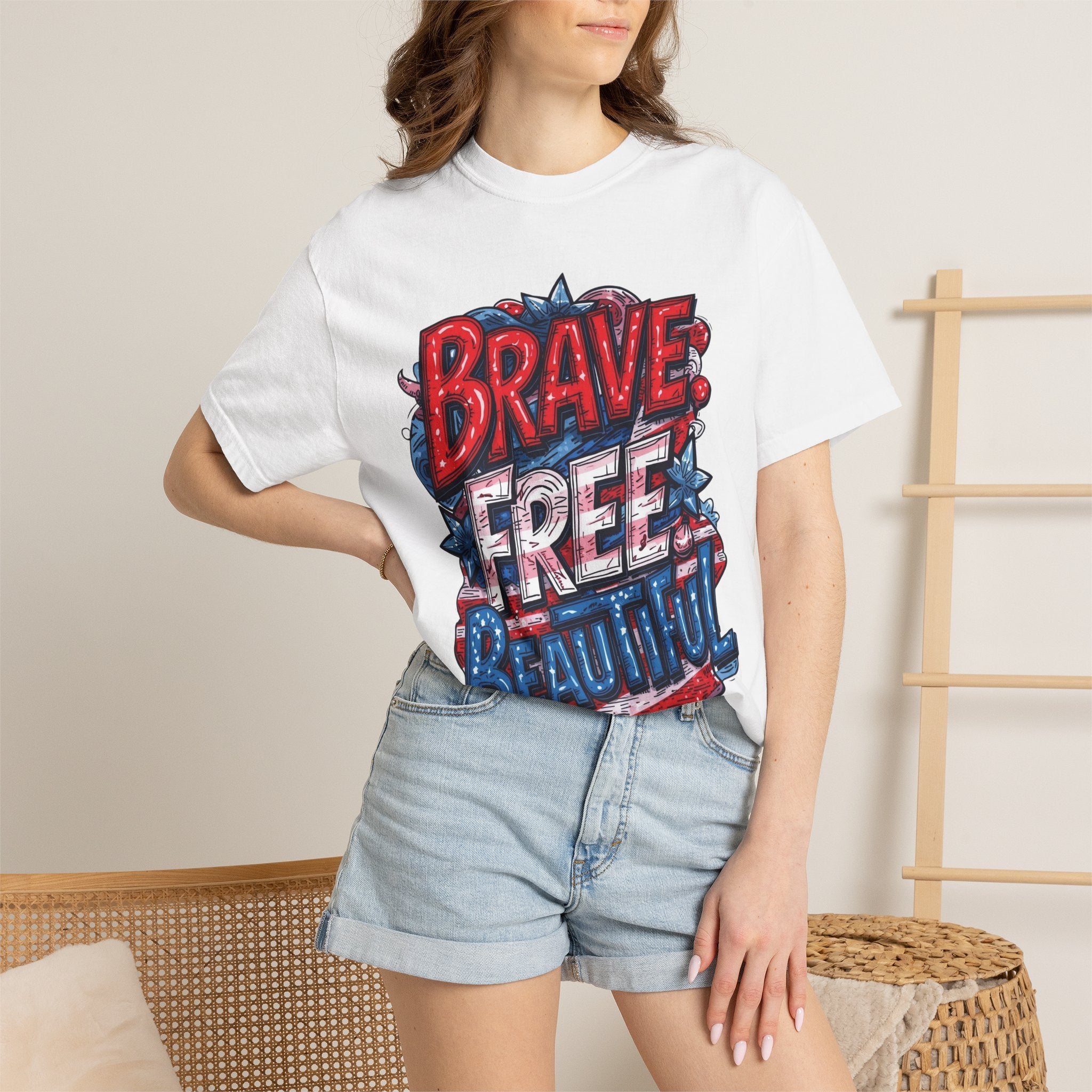 "Brave. Free. Beautiful." Unisex T-shirt, America's 250th Birthday Edition, Red, White, and Blue