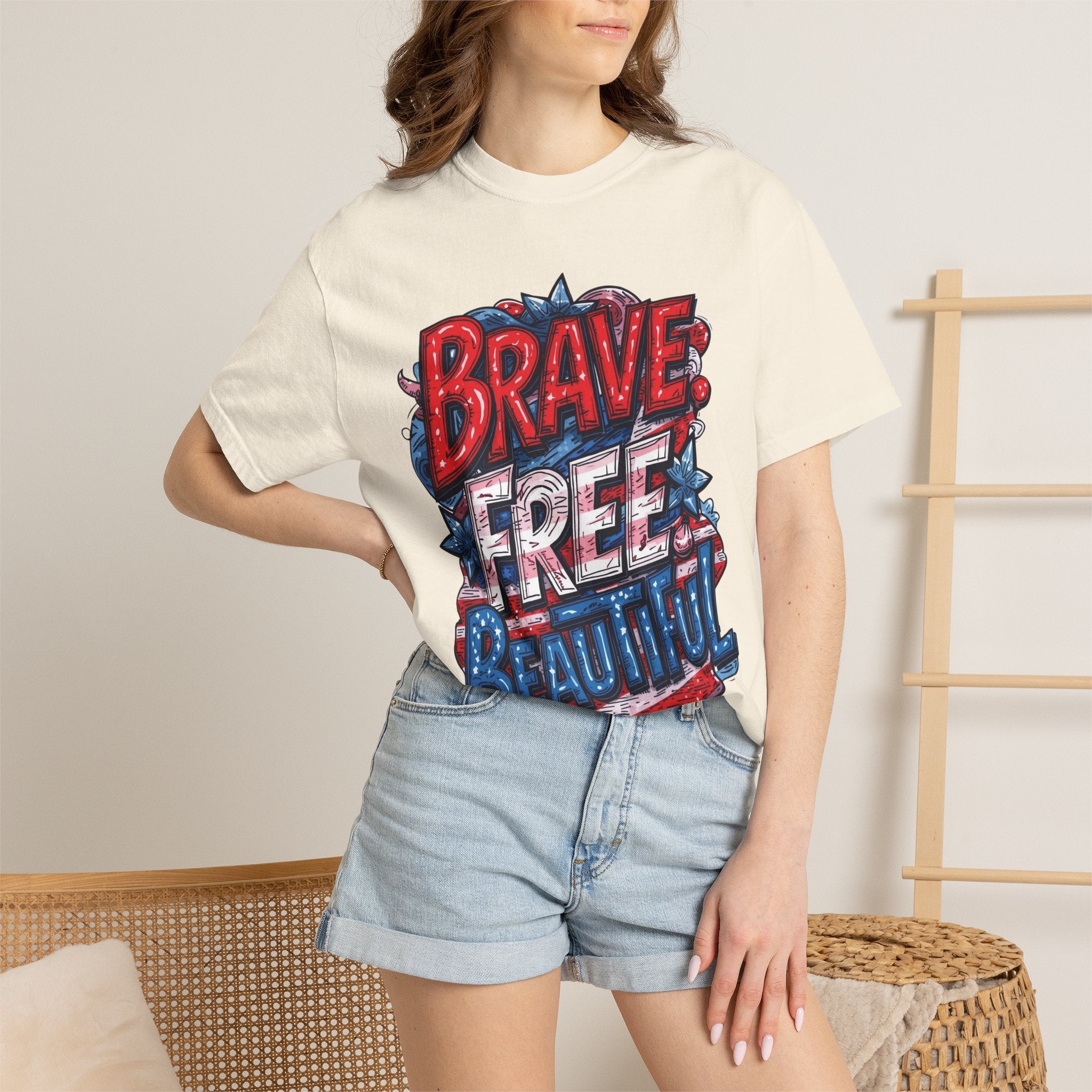 "Brave. Free. Beautiful." Unisex T-shirt, America's 250th Birthday Edition, Red, White, and Blue