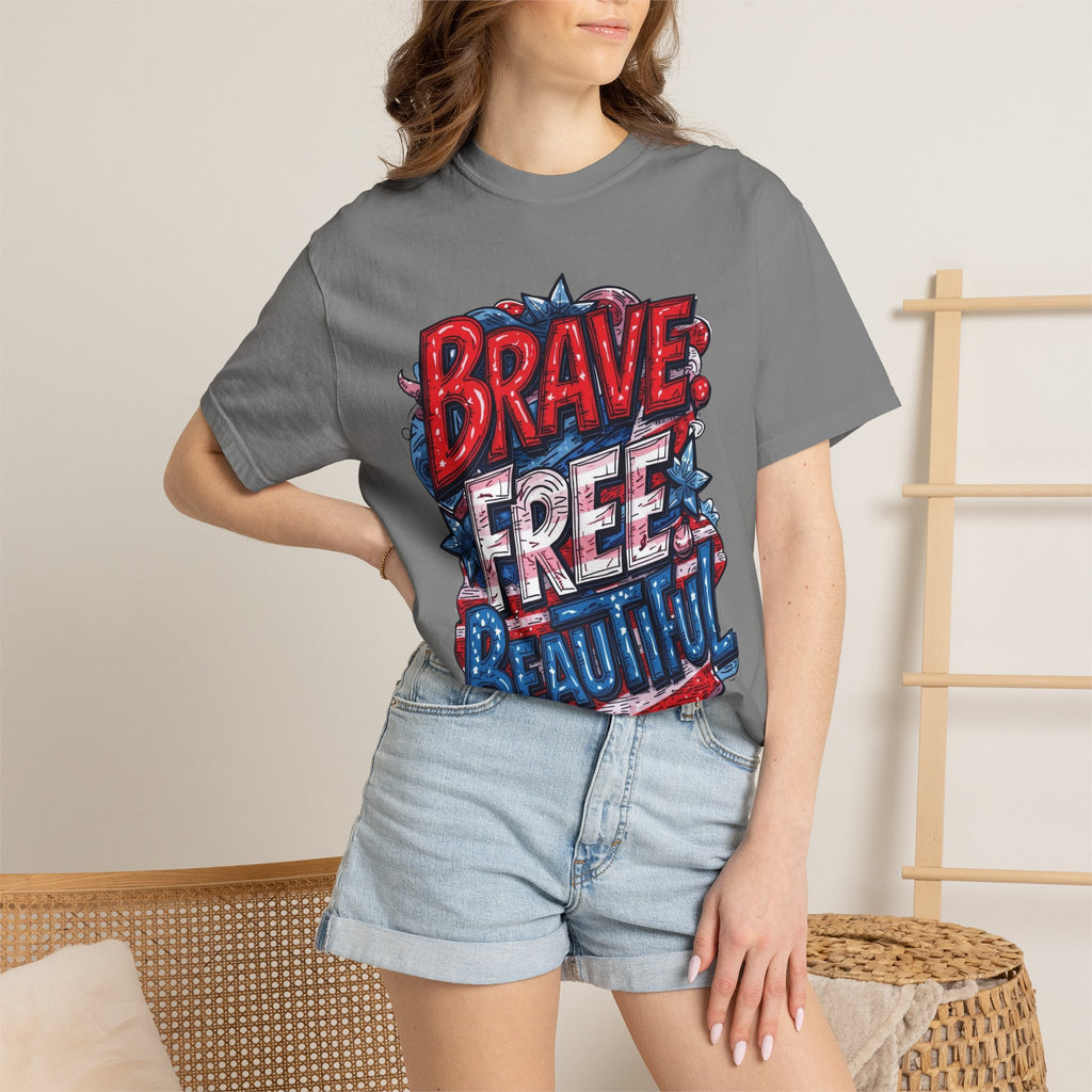 "Brave. Free. Beautiful." Unisex T-shirt, America's 250th Birthday Edition, Red, White, and Blue