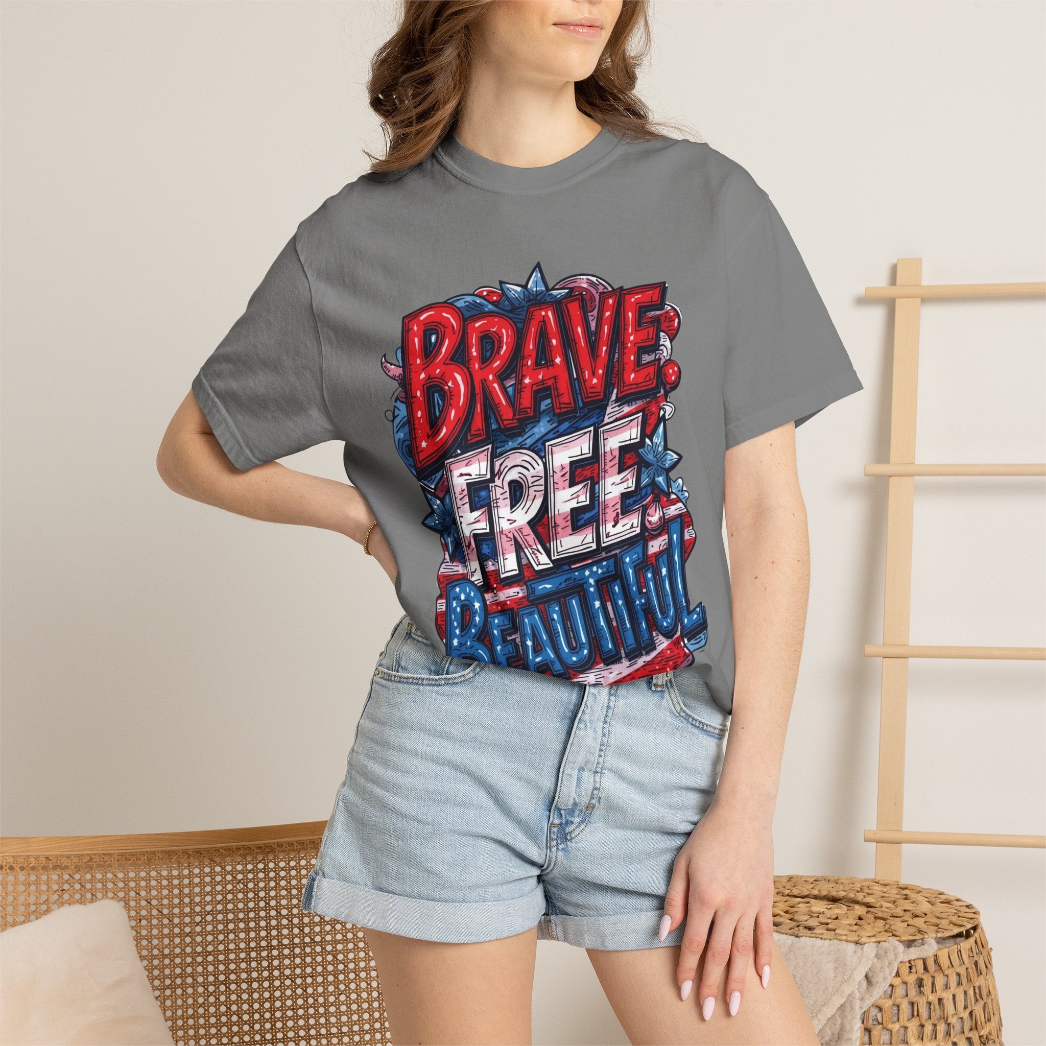 "Brave. Free. Beautiful." Unisex T-shirt, America's 250th Birthday Edition, Red, White, and Blue